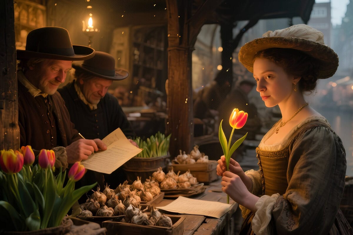 Young woman holding a striped tulip at a lamplit stall as two hatted merchants record bulb sales