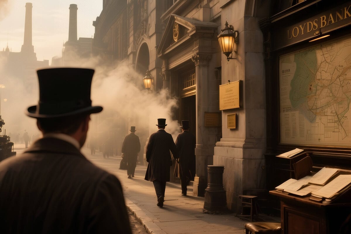 Top-hatted men walk past a stone bank facade in smoky industrial-era street at dawn