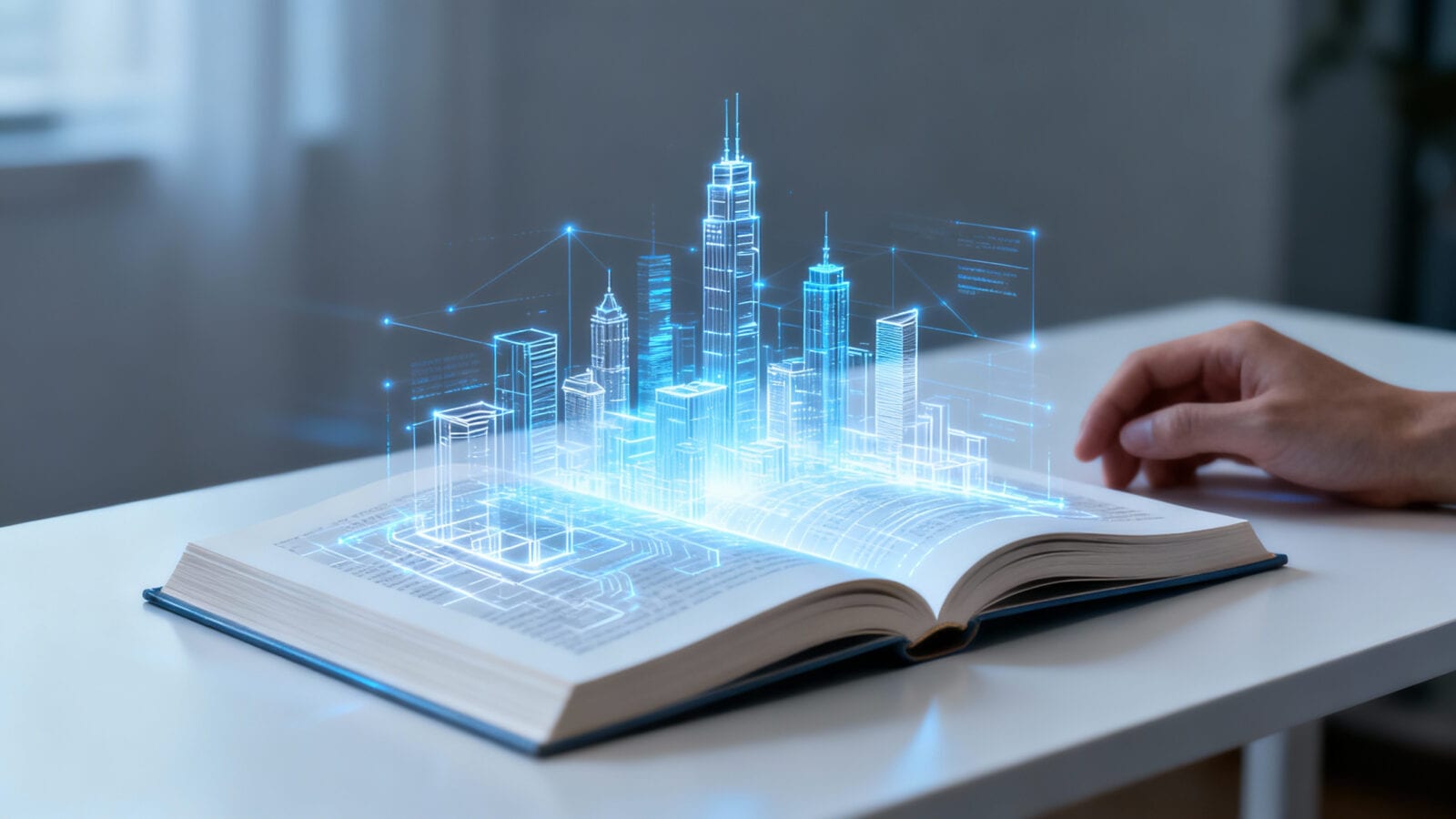 Holographic blue city skyline rising from an open book on a white desk, hand nearby