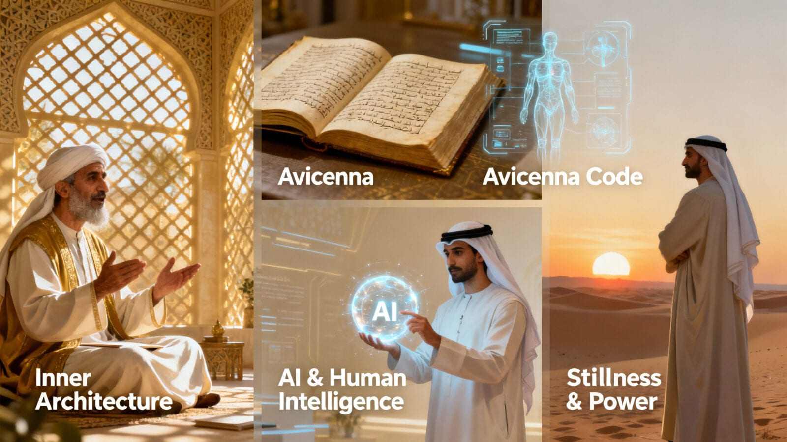 Four-panel collage: elder teaching in mashrabiya hall, ancient manuscript with holographic body, man holding AI orb, man at desert sunset