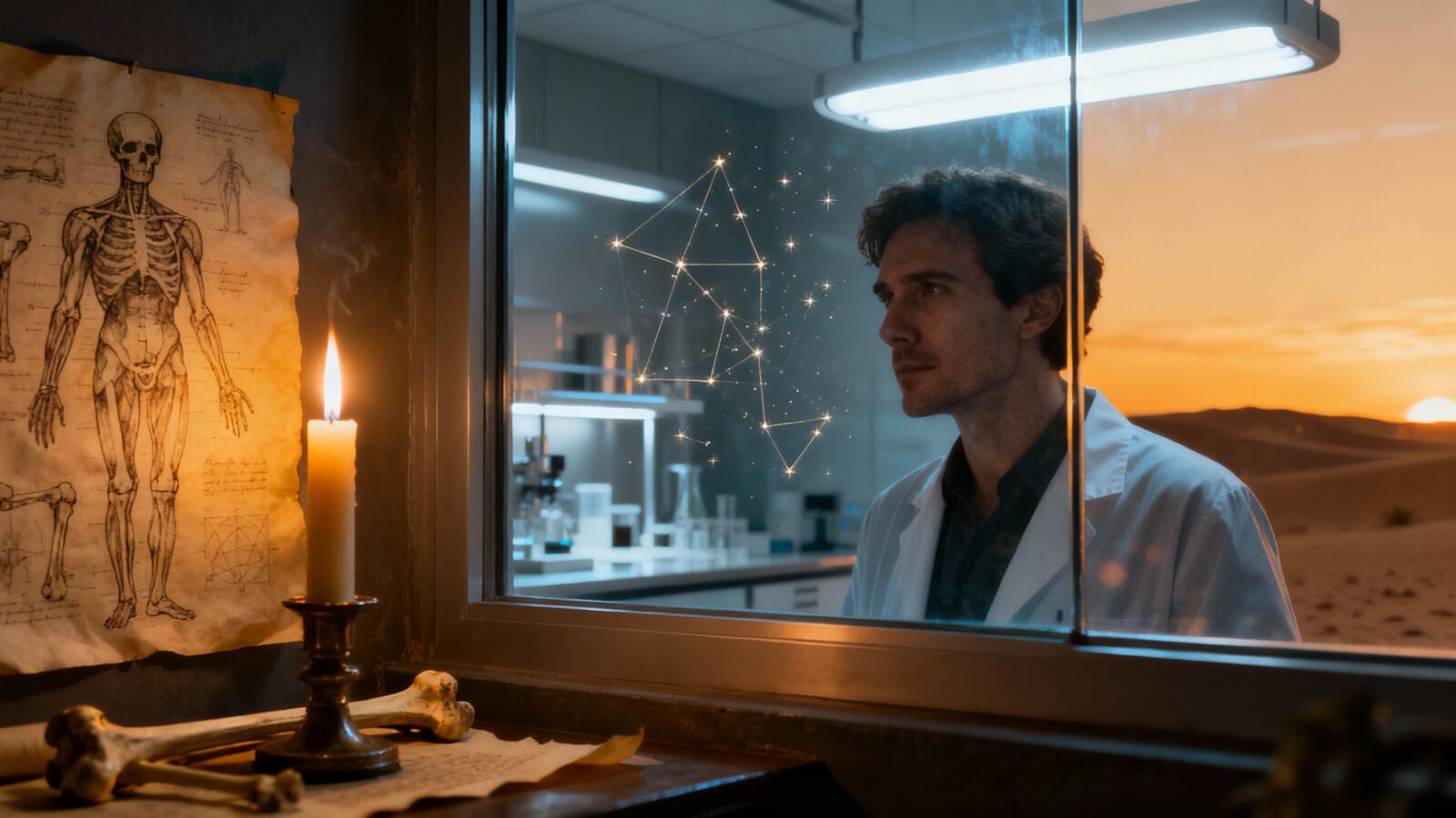 Man in white coat beside window, candle and anatomical parchment inside, desert sunset and glowing constellation outside
