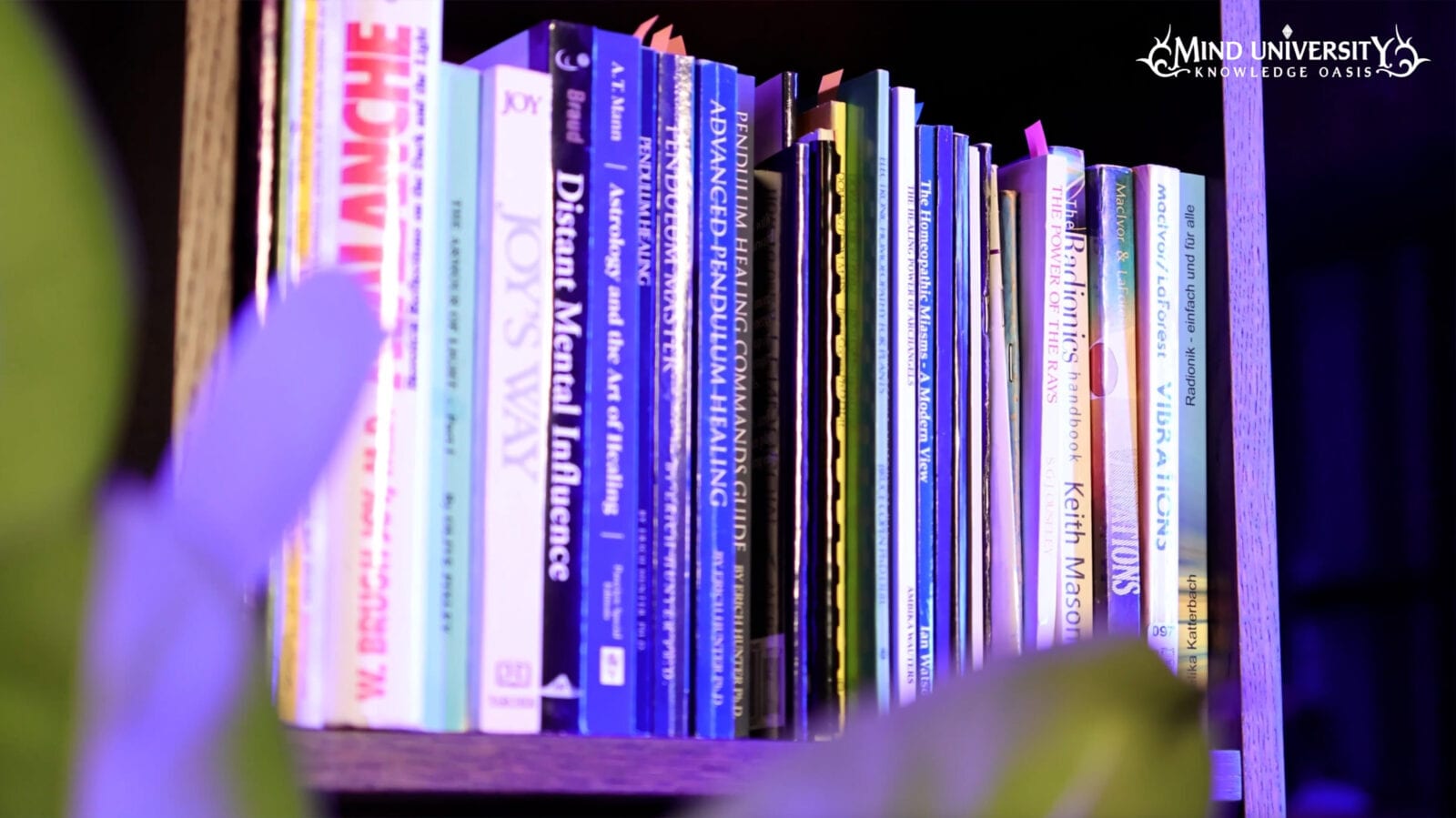 Radionics and Energy Healing Library Shelf of books on pendulum healing, astrology, homeopathy and vibrations lit in purple light