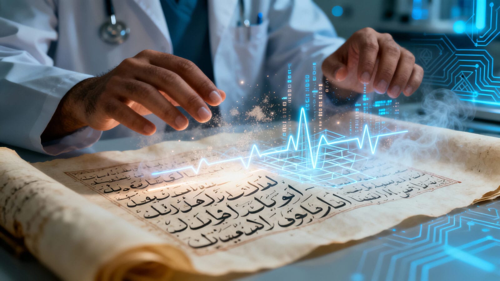 Physician's hands above an Arabic manuscript scroll emitting a glowing waveform in a modern laboratory