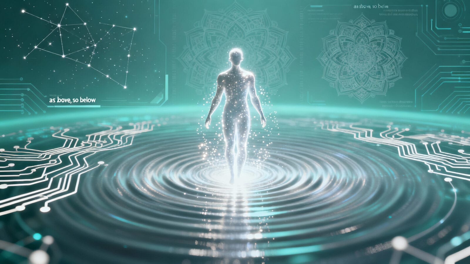 Luminous human figure standing on concentric ripples amid circuit lines, constellations and mandalas on teal background