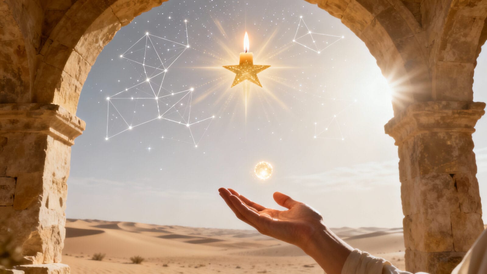 Hand reaching toward a glowing candle-topped star and constellations framed by a stone arch over desert dunes