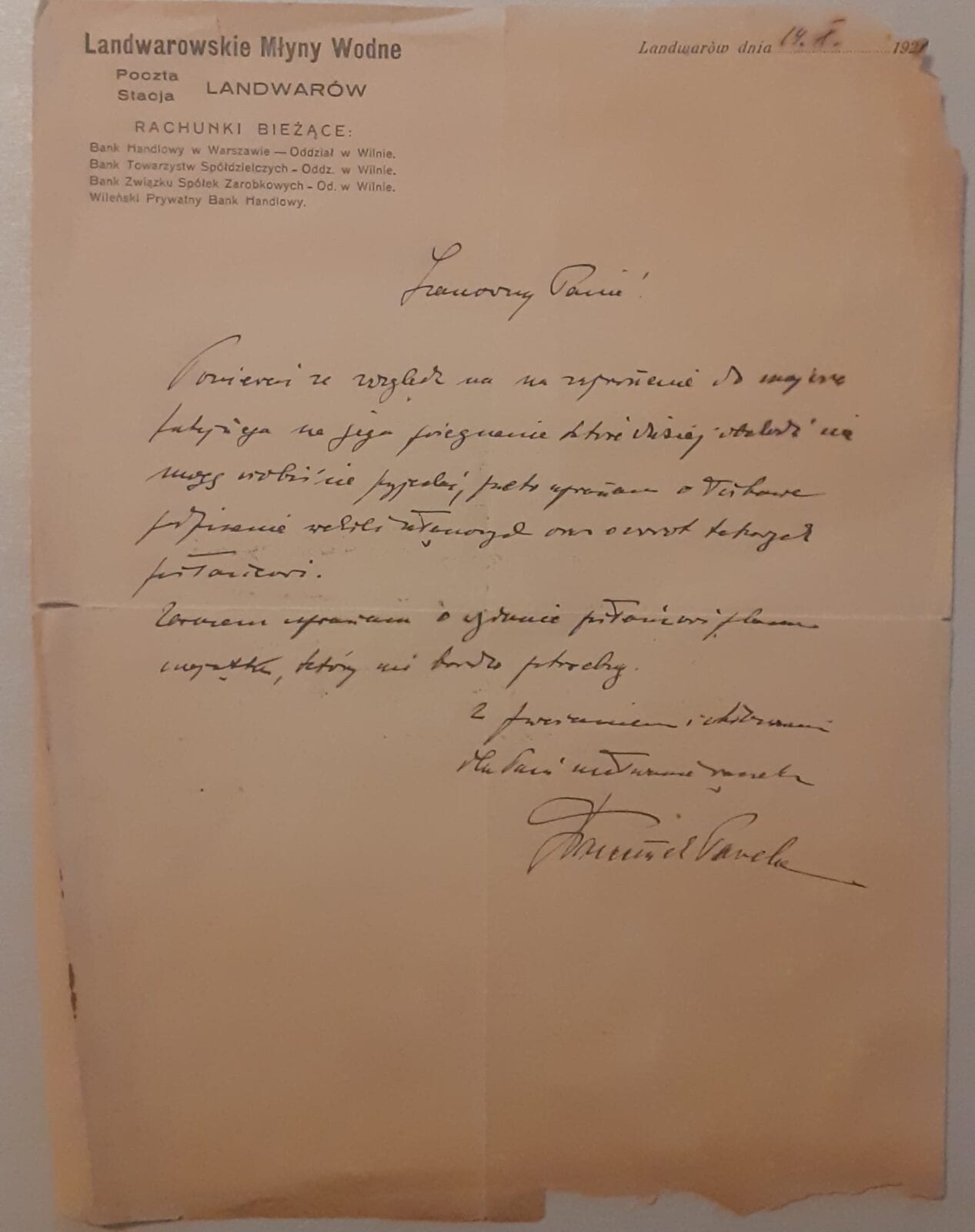 1921 Lentvaris Water Mills Letter Aged 1921 letterhead of Lentvaris Water Mills with handwritten Polish text and signature