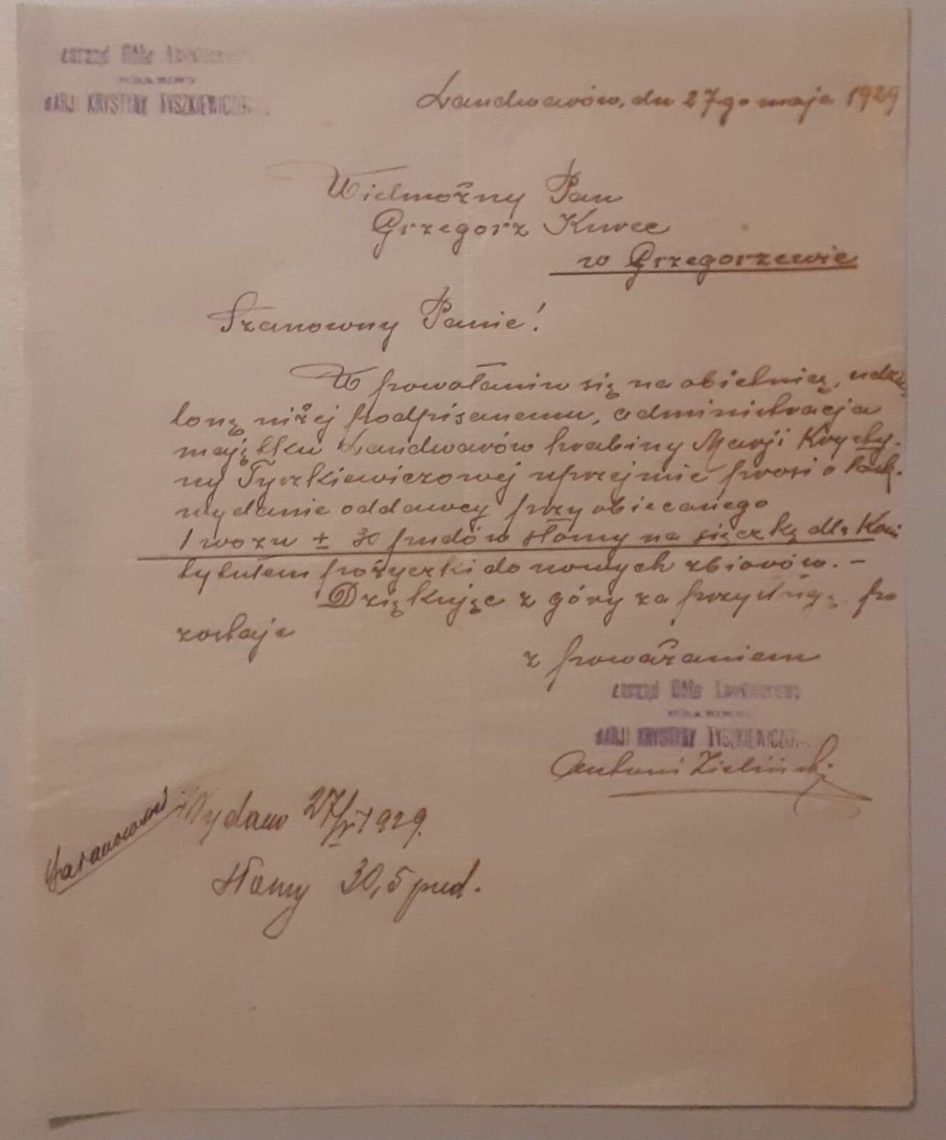 1929 Manor Letter Requesting Straw Handwritten 1929 letter on headed paper with two purple estate stamps and a signature