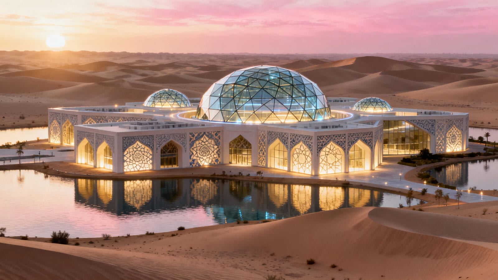 Domed glass and white latticework campus beside still water amid desert dunes at sunset