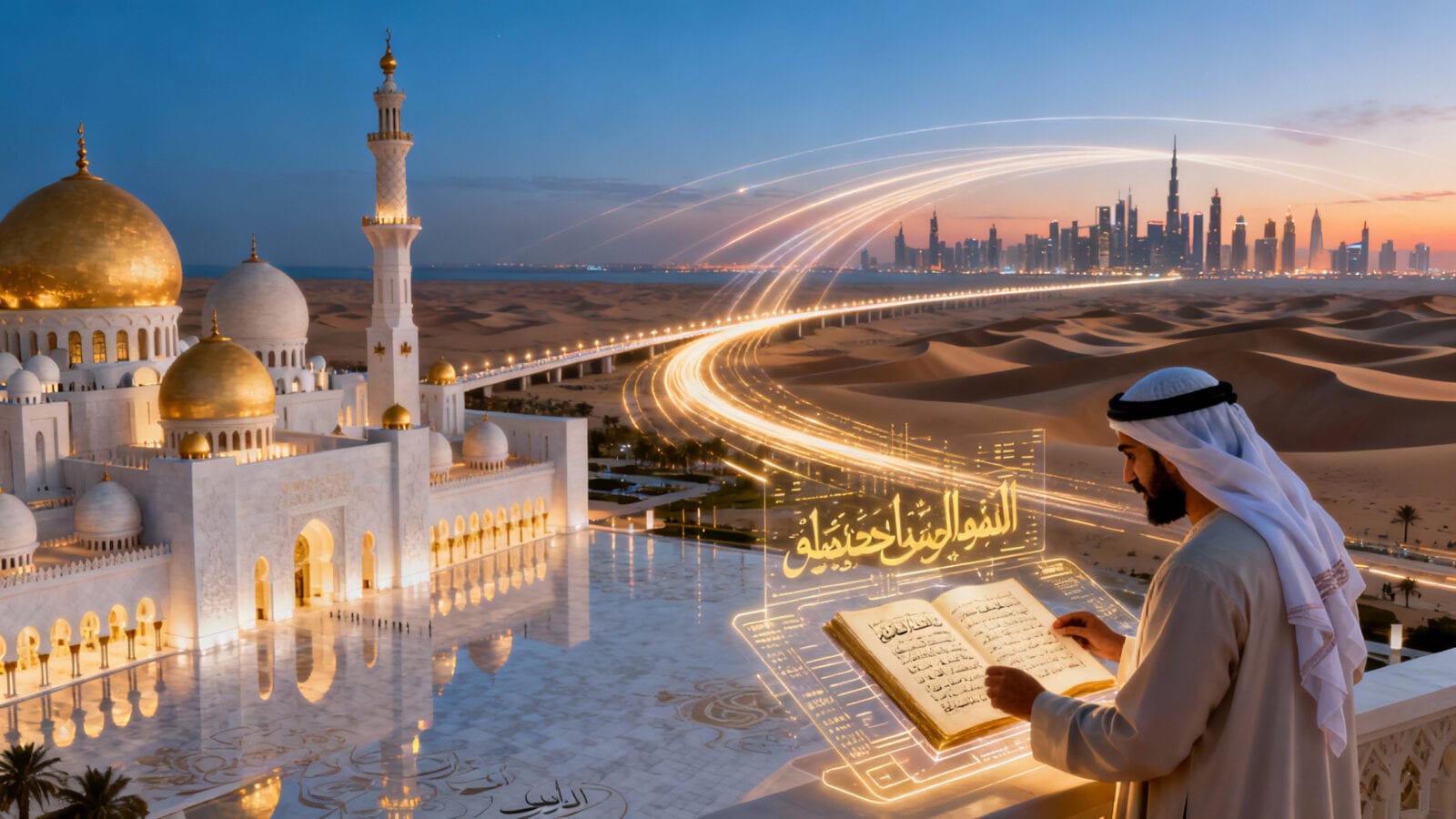 Illuminated mosque, desert dunes and modern skyline linked by light trails above a glowing Arabic manuscript