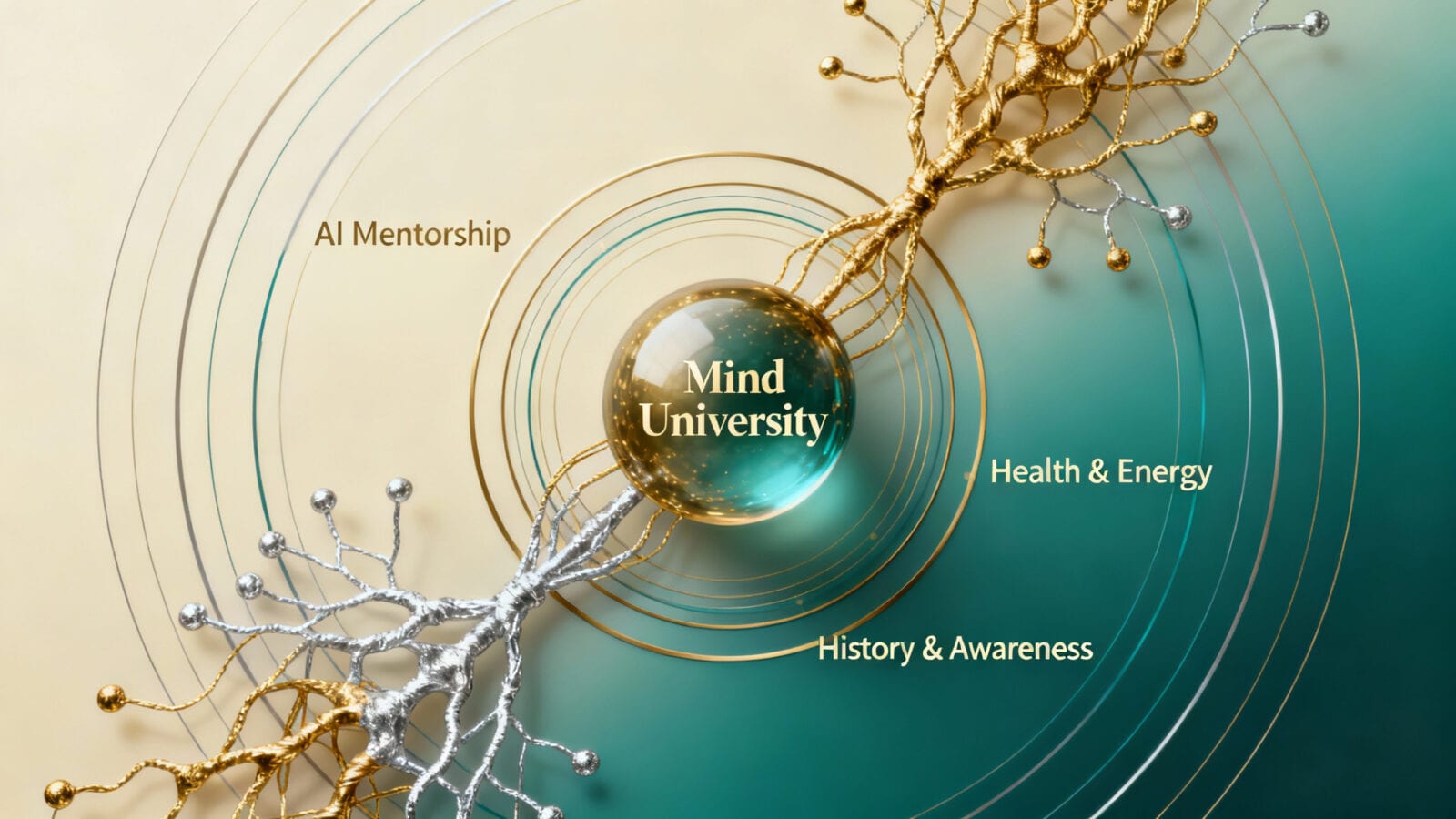 Glowing sphere labeled Mind University encircled by rings linking AI mentorship, health, energy and history nodes