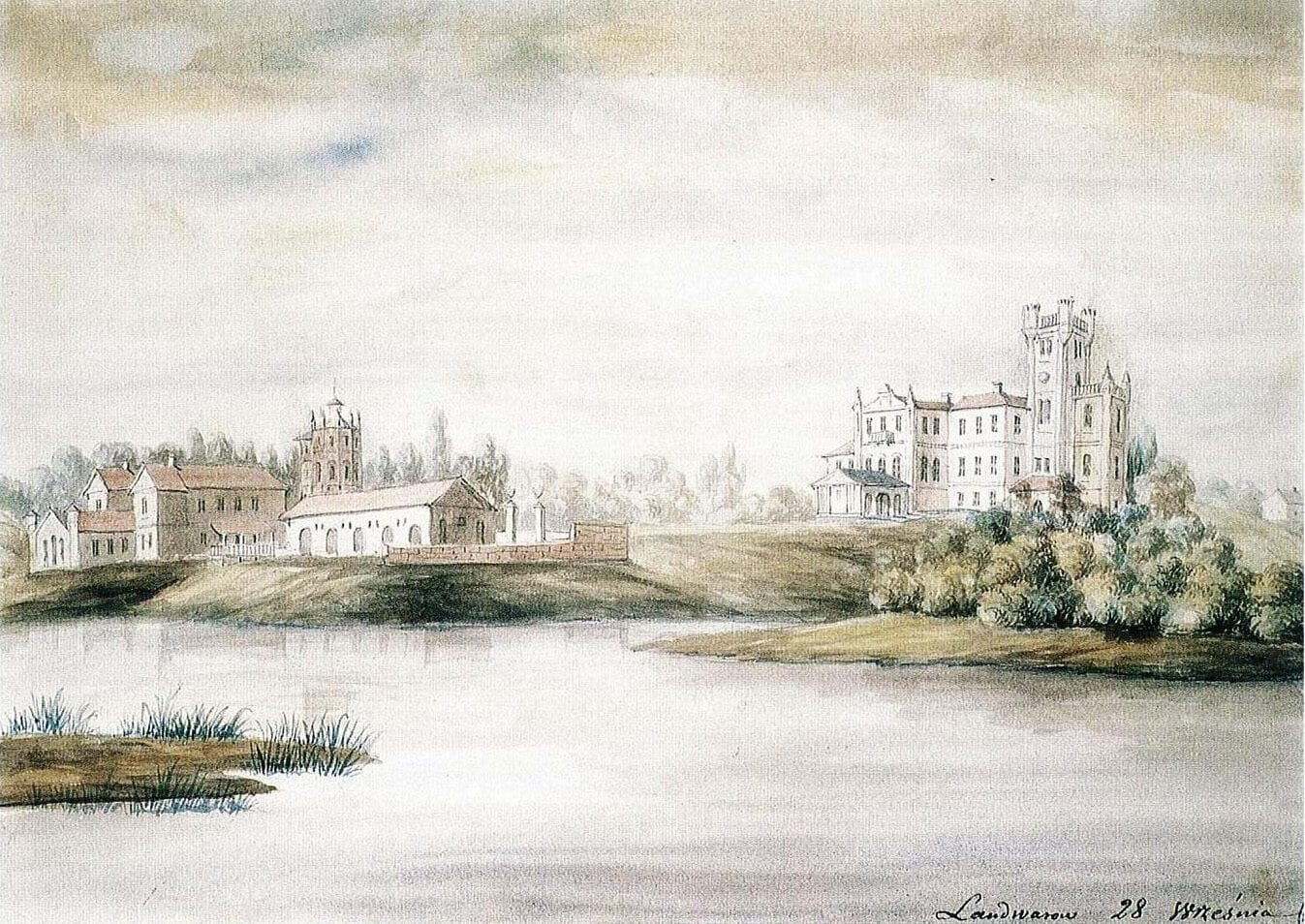 Watercolour of a lakeside manor with castellated tower, chapel and outbuildings on wooded banks