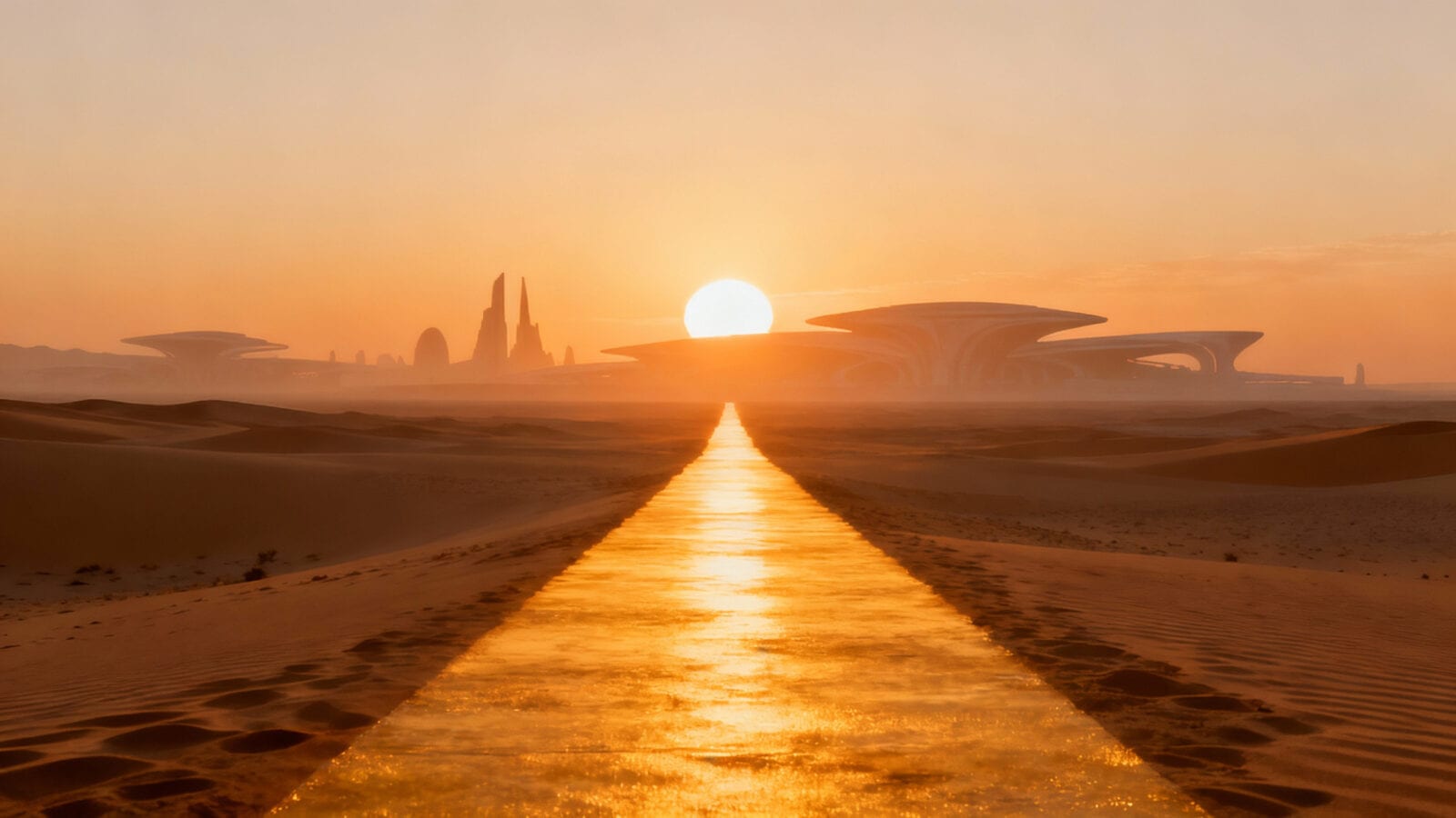Sunrise over desert dunes with a luminous path leading toward futuristic domed city silhouettes