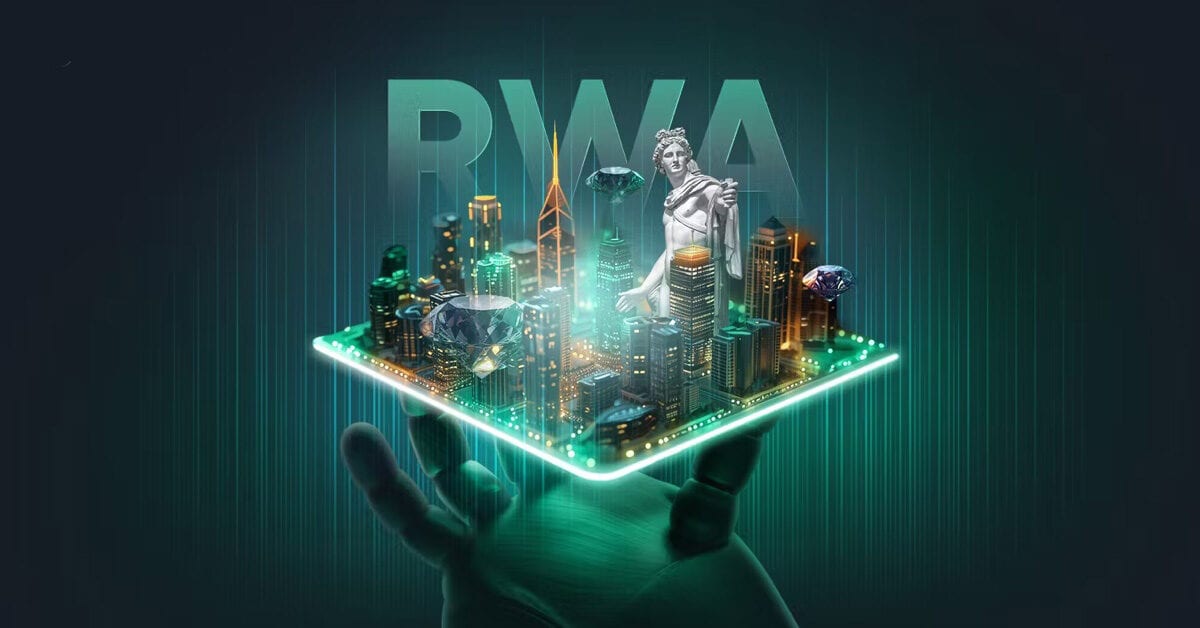 Cultural Real-World Assets Tokenisation Hand holding a glowing platform with miniature city, gemstones and classical statue under the letters RWA