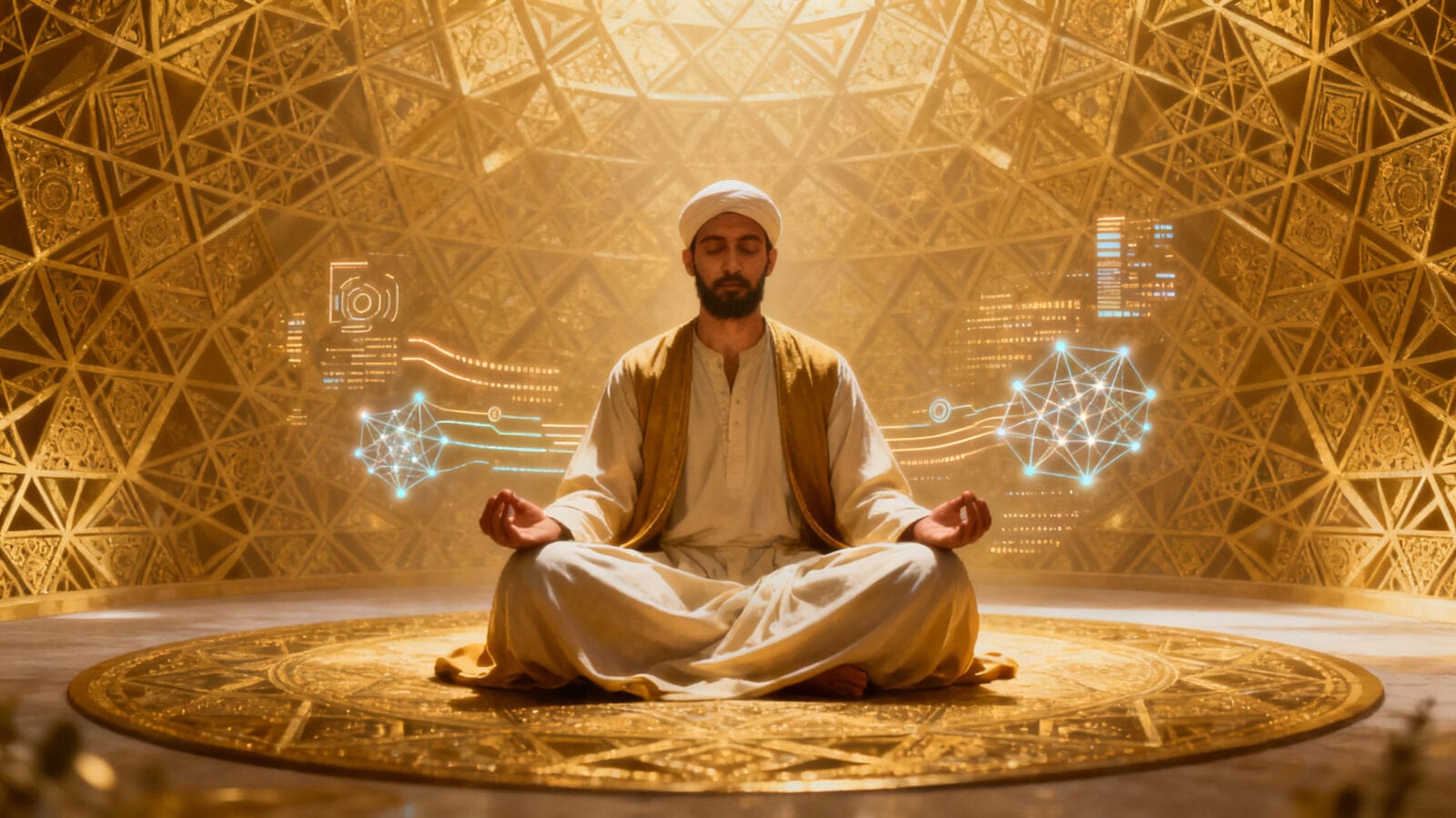 Man in white robe and turban meditates cross-legged before golden geometric wall with glowing network graphics