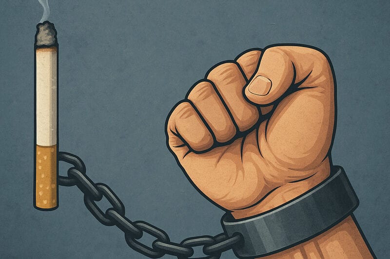 Breaking Free From Nicotine Addiction Illustrated clenched fist in a shackle chained to a burning cigarette against grey background