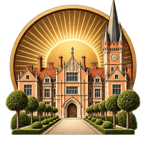 Illustrated red-brick Victorian university building with clock tower, tree-lined path and golden sunburst behind